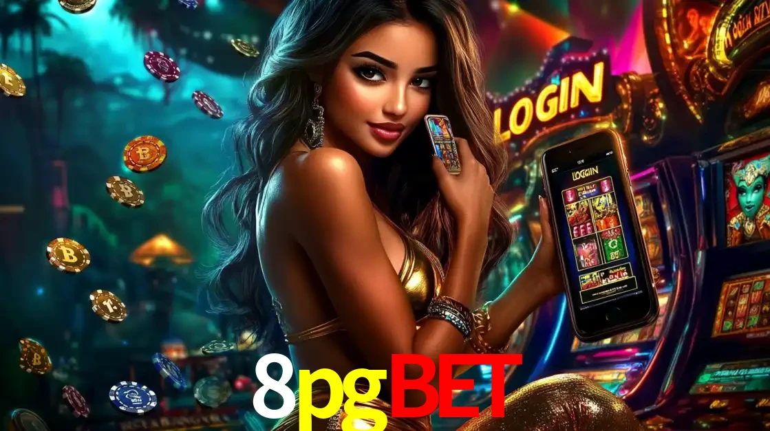 Mulher em um cenário de cassino temático de aventura, mostrando o app de caça-níqueis da 8pgbet no celular. Fichas de apostas flutuam ao redor.